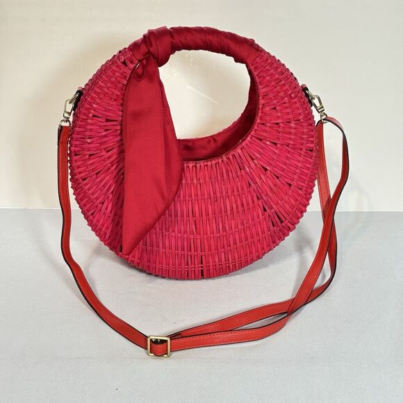 SCOOP Red Basket Handbag Round Woven Purse With Decorative Scarf - Picture 1 of 8